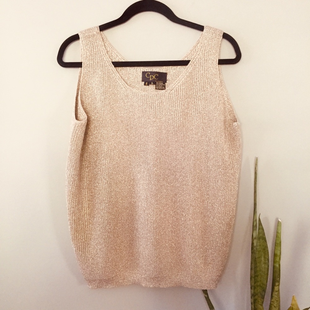 Vintage 60s gold metallic knit shell tank top L
